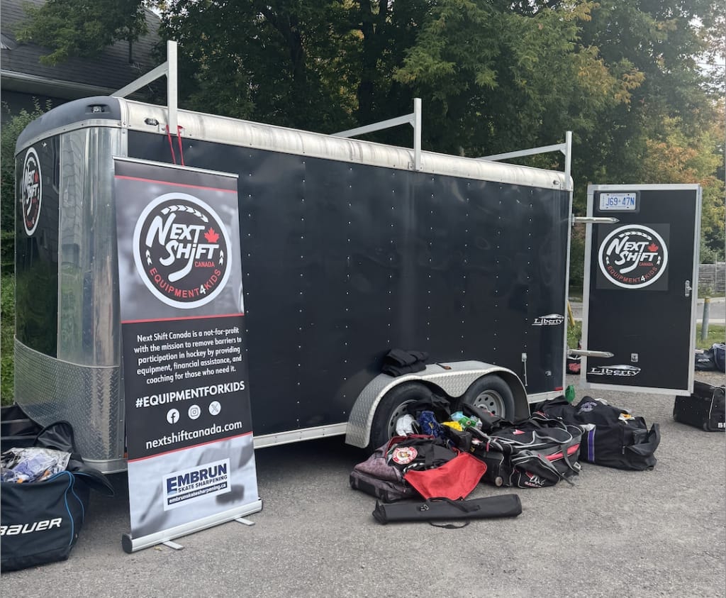Next Shift Hockey Canada equipment trailer at a community fitting event